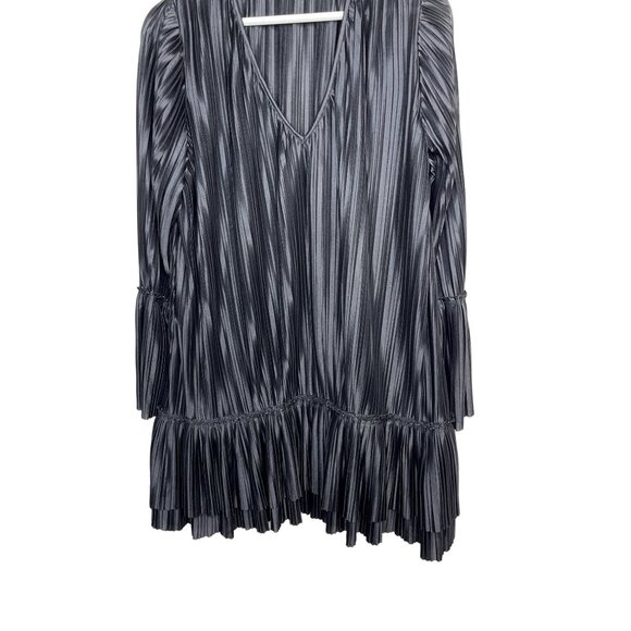 Anna Grace Small Pleated Black Satin Mini Dress V Neck Tiered Party Cocktail - Picture 5 of 12